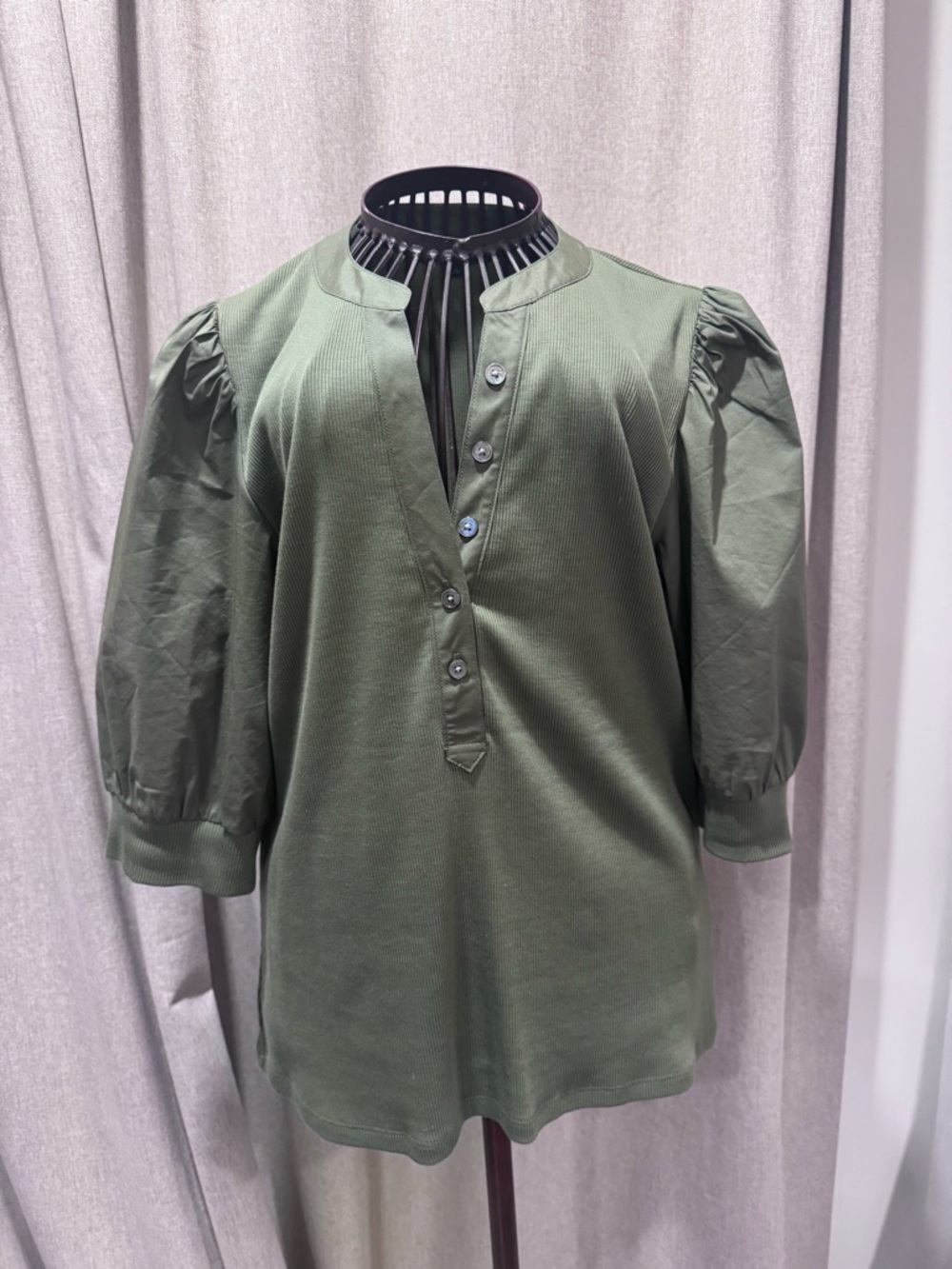 Veronica Beard Olive Green Puff-Sleeve Henley Blouse